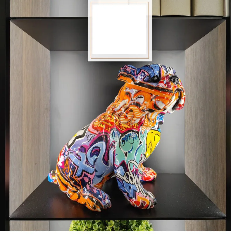 Graffiti coloré bouledogue français peint, Sculpture en résine, décoration moderne pour la maison, artisanat, Statue de chien, décoration de salon