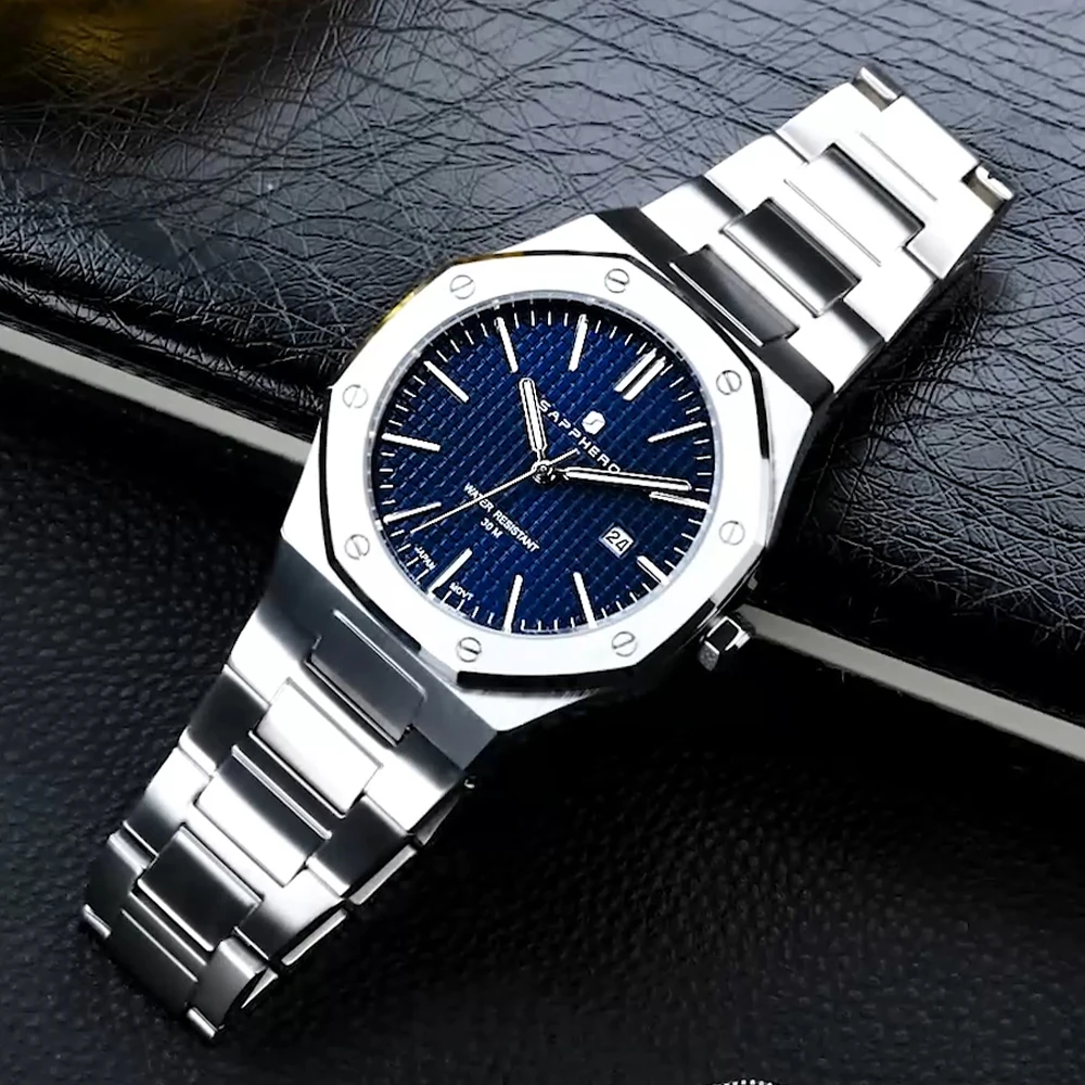 SAPPHERO Octagon Luxury Mens Watch High Quality Business Watch for Men Luminous Date 30M Waterproof Wristwatch Quartz Watches Me