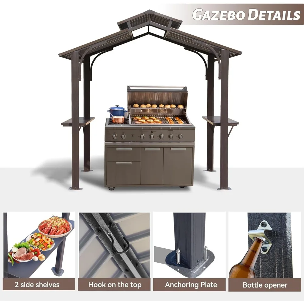 8 x 5 ft hardtop BBQ gazebo, all-weather outdoor gazebo with 2 side frames and ceiling hooks, galvanized steel double roof