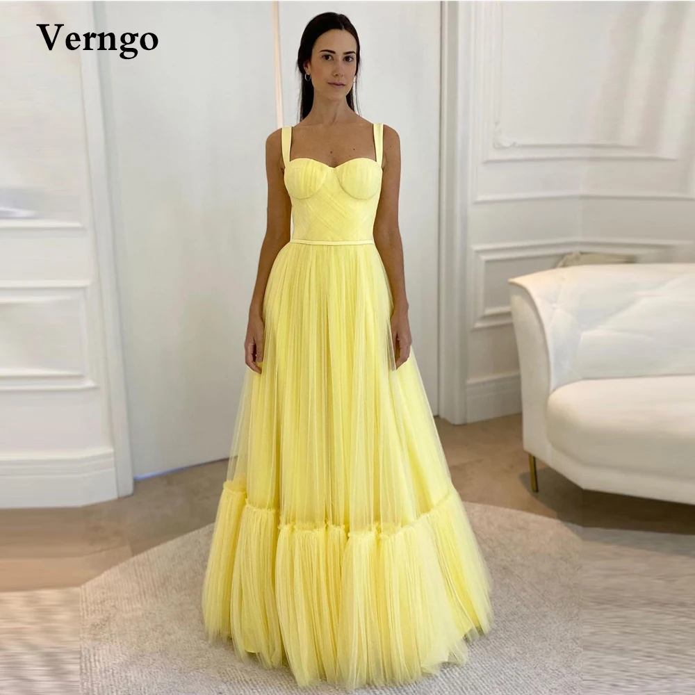 

Verngo Yellow A Line Tulle Prom Dresses Straps Sweetheart Tiered Arabic Women Formal Evening Gowns Party Event Night Dress