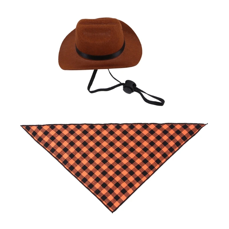 

Pet Cowboy Hat and Handkerchief Set Scarves Western Plaids Birthday Party Outfit