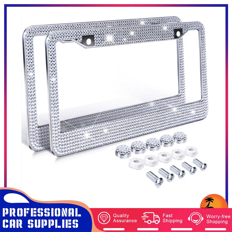 

2 pcs stainless steel Shiny Crystal License Plate Frames Luxury Handcrafted Rhinestone Bling Car Accessories White Black Blue