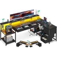 79" L Shaped Desk with 7 File Drawers, 2 Power Outlets & Monitor Shelf, Storage Shelves, LED Light, Black, Computer Desk 1