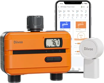 Diivoo WiFi Water Timer 2 Zone with Built-in Water Flow Meter Hose Water Meter for Outdoor Garden Hose Smart Sprinkler Timer 1