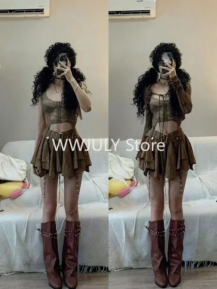 Harajuku Vintage Fashion 3 Piece Set Woman Short Cardigan + Slim Vest + Y2k E-Girl High Waist Skirt Hot Girls Korean Style Suit 6