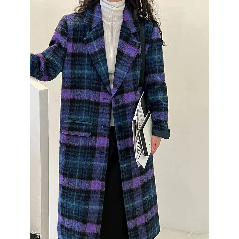 

High Quality Wool Blended Tweed Coat Women Long Sleeve Casual Fashion Korea Plaid Elegant French Woolen Female Long Coat Winter