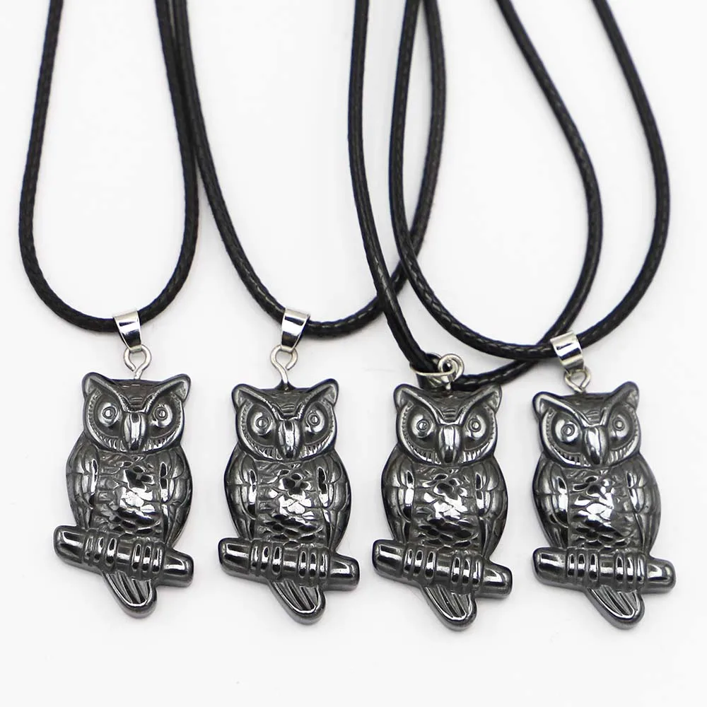 

Natural Stone Hematite Owl Necklace Pendant Black Leather Rope Lobster Buckle Accessories Fashion Charms Jewelry Wholesale 10Pcs