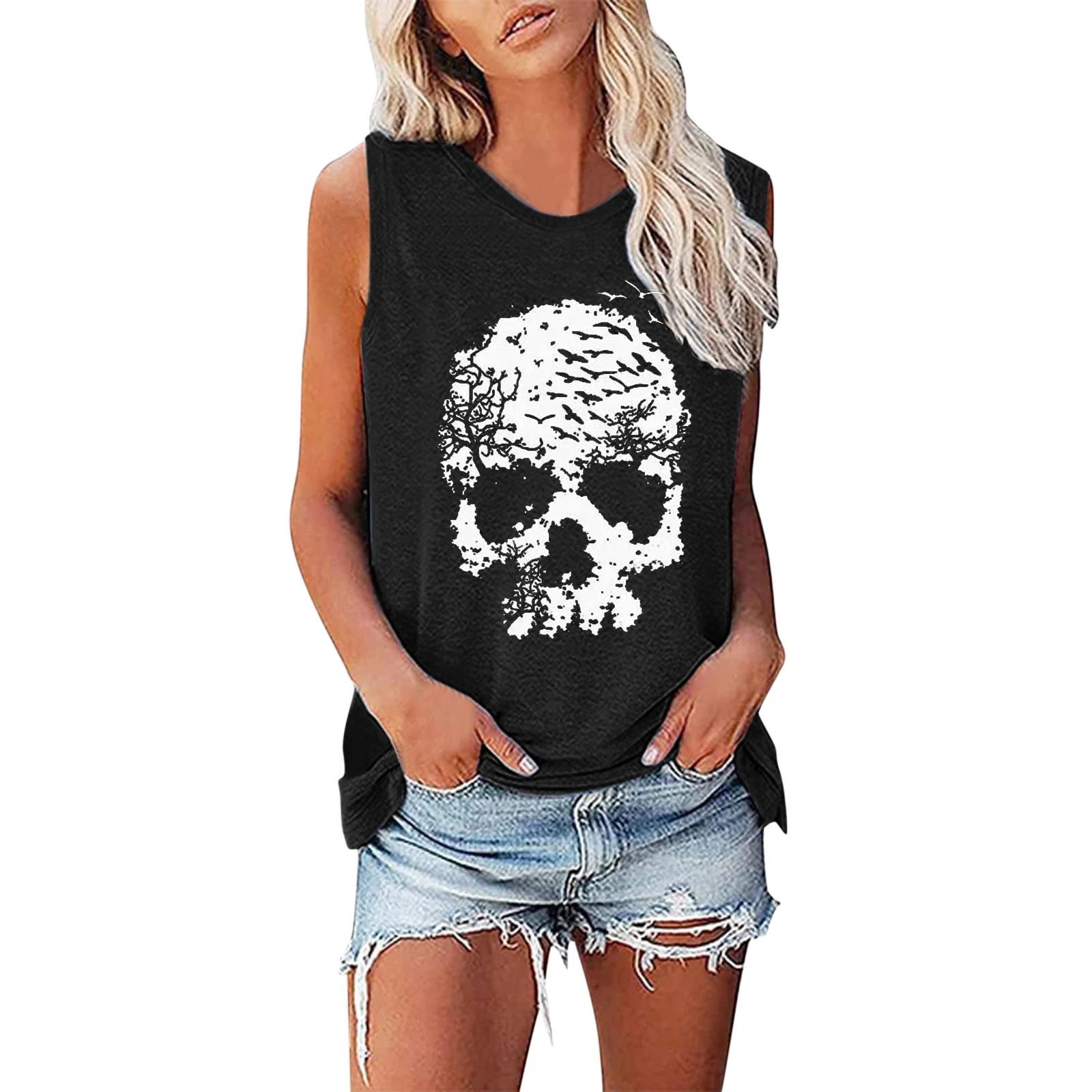 Camisetas sin mangas con estampado de calavera para mujer, Tops sin mangas, camisetas musculosas, camisetas para mujer| | - AliExpress