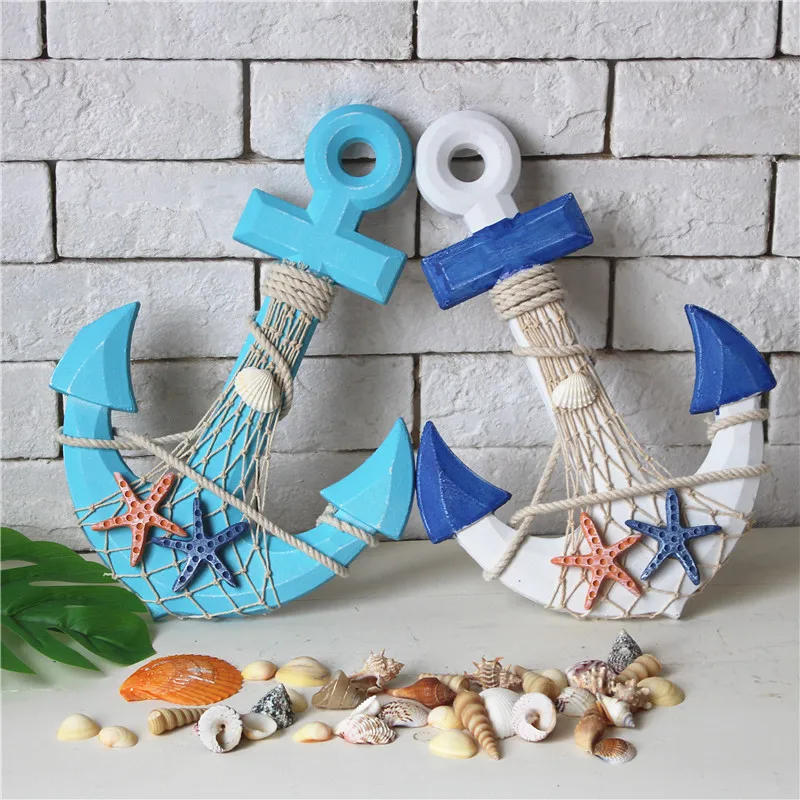 

33cm Mediterranean Style Wood Anchor Ornament Nautical Decor Hanging Crafts Thermometer Wall Hanging Hook DIY Home Room Decor