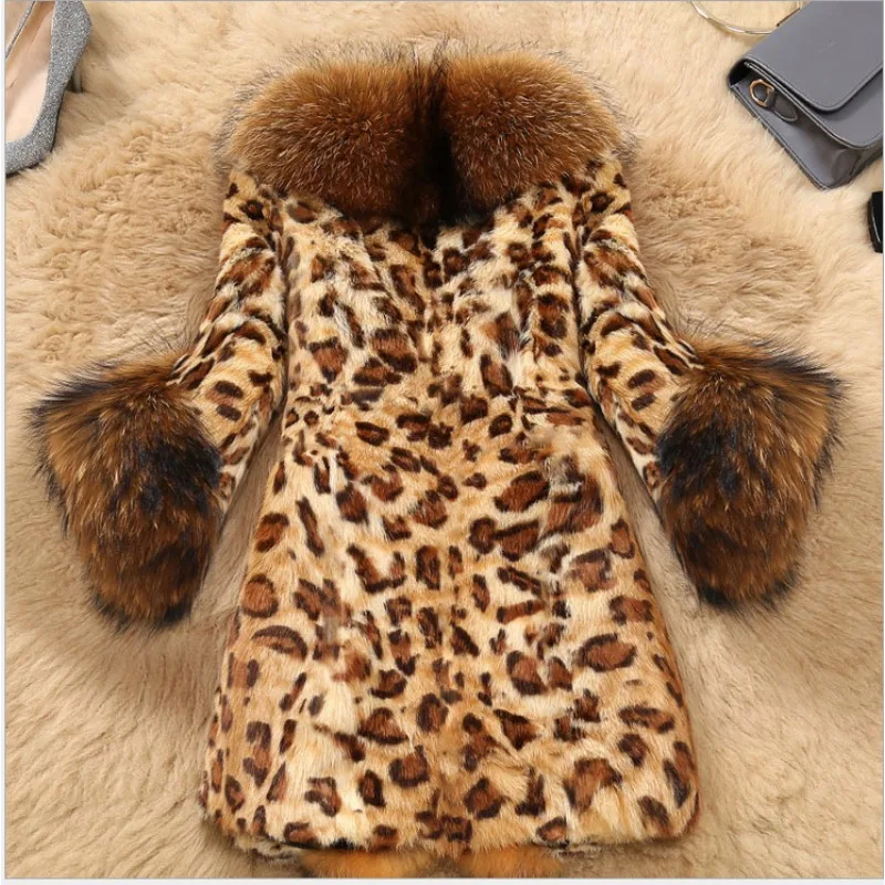 Autumn and Winter New Faux Fur Coat with Large Fur Collar Leopard Print Medium Length Women's Fur Coat Raccoon Dog