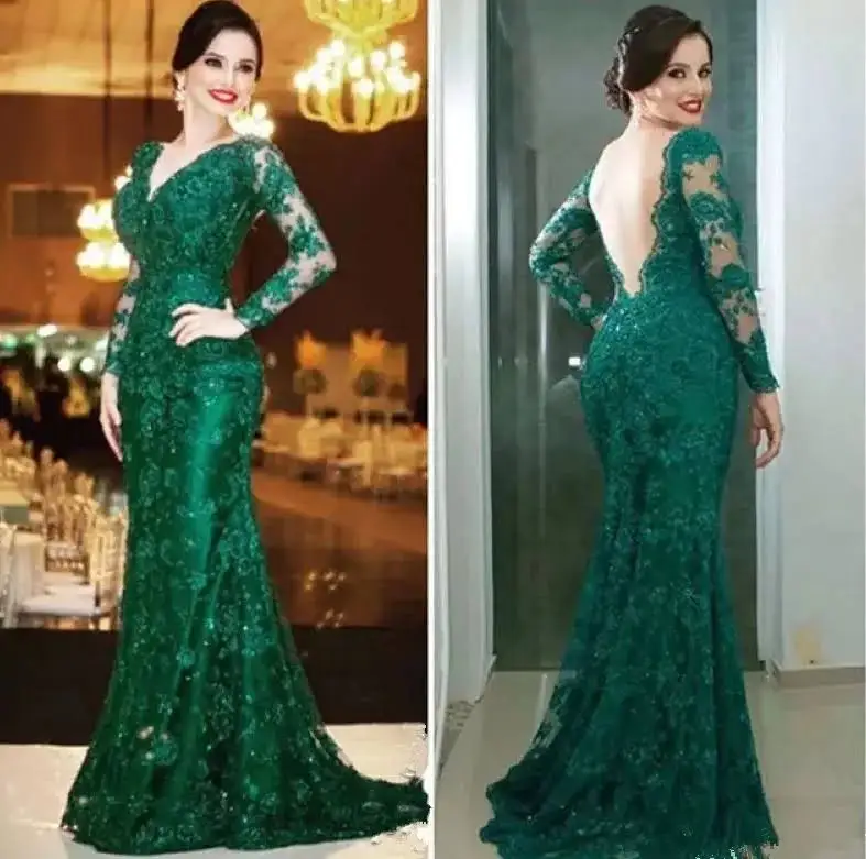 

Emerald Green Lace Evening Dress Mermaid Mother of the Bride Dresses Long Sleeve See Through Back Beaded Wedding Guest Gowns