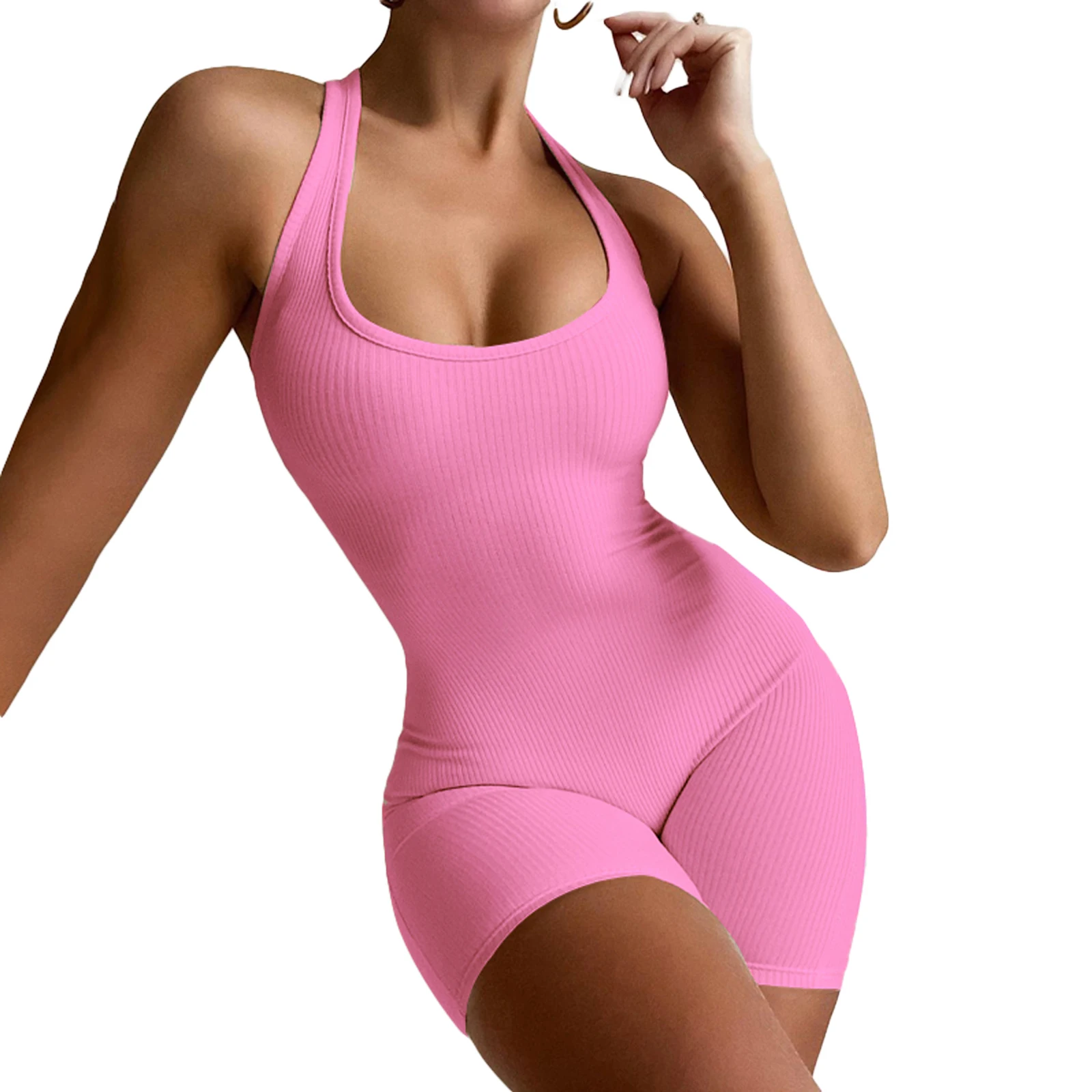 Playsuit sem mangas colarinho em forma de U das mulheres, macacões sexy, macacão Slim Fit, monocromático, close-Fitting, macacão esportivo, feminino, Y2K