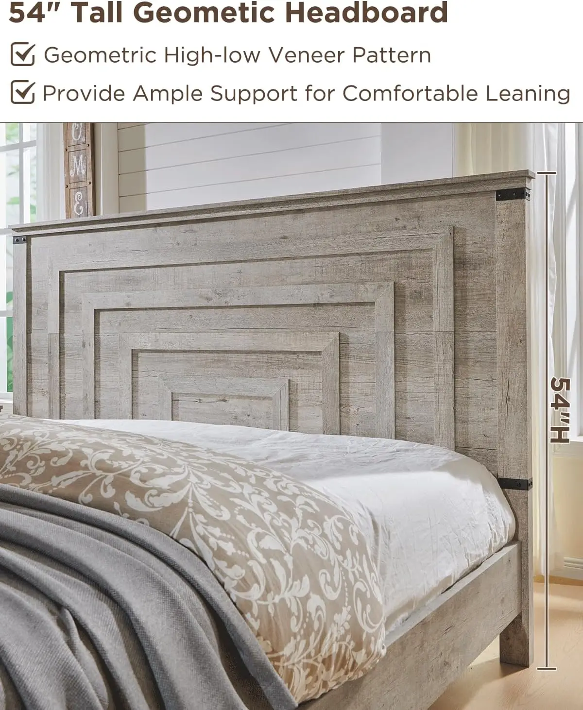 Farmhouse King Size Bed Frame with 54" Tall Geometric Headboard & 2 Large Storage Drawers, Rustic Wood Platform Bed 4