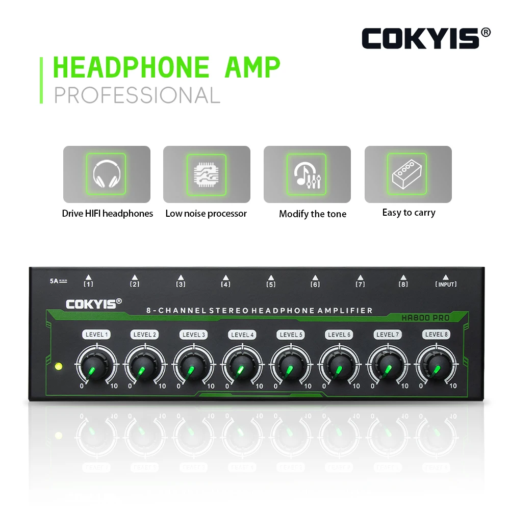 HA800 PRO Audio Amplifier 8 Channels Mini Stereo Headphone Amplifier for Studio Mixing Home KTV headphone with Power Adapter RGB