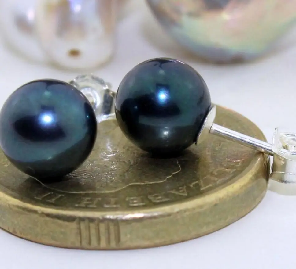 

PERFECT ROUND BLACK 10-11MM AAA SOUTH SEA PEARL EARRING 14K WHITE GOLD