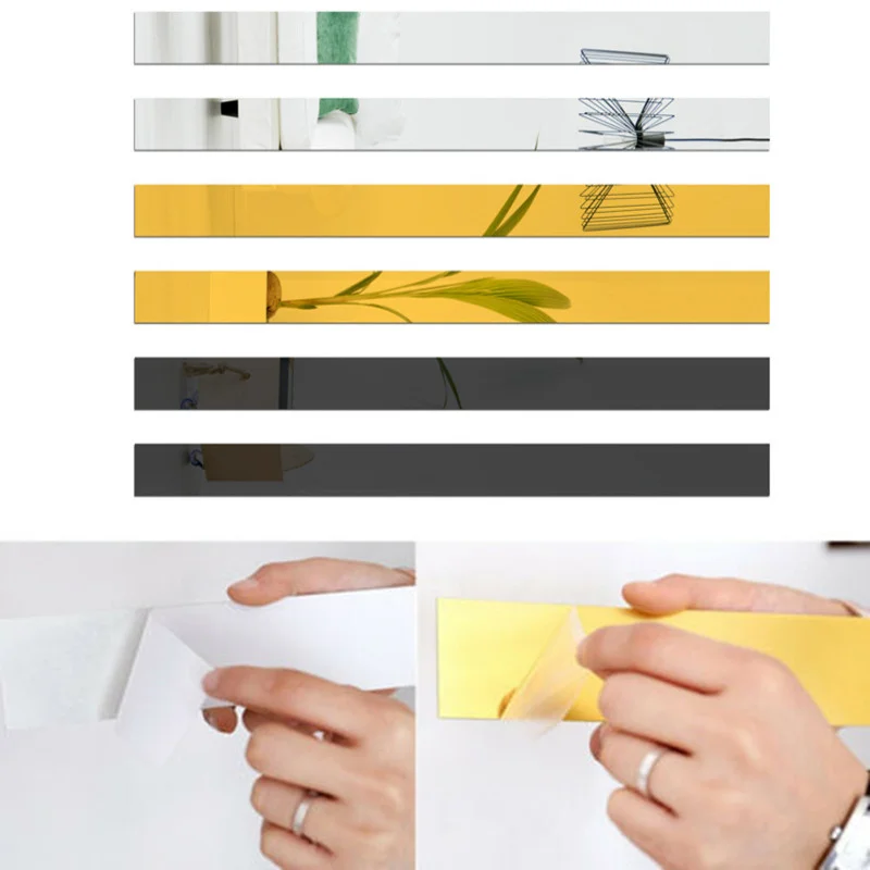 3D Mirror Wall Sticker 6 Colors DIY Acrylic Flat Decorative Lines Wall Ceiling Edge Strip Gold Living Room background Decoration wall sticker wall stickers