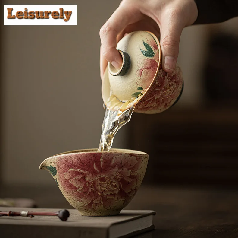 Chinese Firestone Red Peony Tea Set Complete Set Vintage Tea Ceremony Set Household Teapot and Tea Cup Set Tableware Decoration