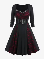 ROSEGAL Gothic Dresses Black High Waist Long Sleeves Vestidos 4XL Buckled Grommets Lace Panel A-Line Dress For Women Fall Winter