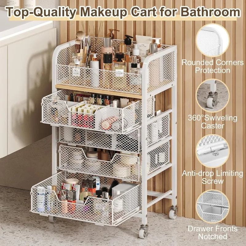 Rolling Makeup Cart Organizer with 4 Drawers, Floor Skincare Organizers with Wheels, Cosmetics Display Cases, 6