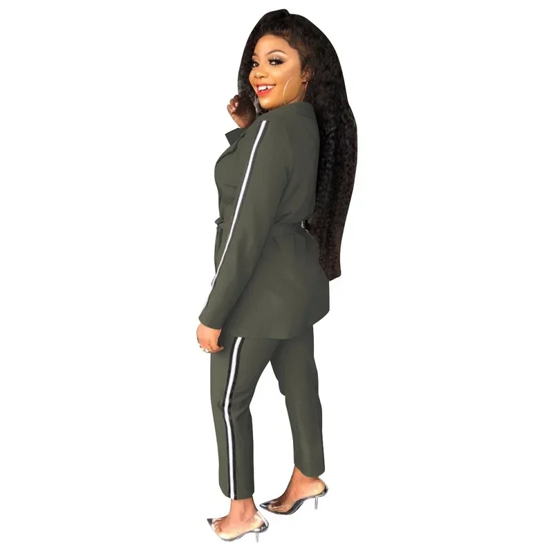 Green Rib Sleeve Blazer with Free Bandage Two Piece Set 2023 Women Solid Color Casual Office Blazer High Waist Pencil Pant Suits