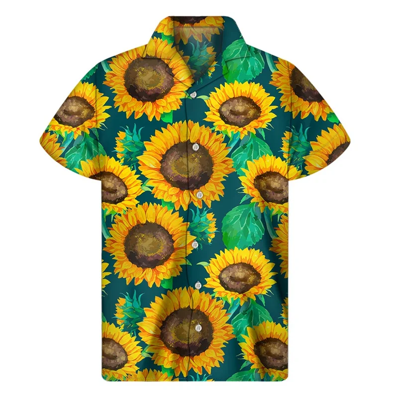 thumbnail image 1 of Camisa con estampado 3D de girasoles a la moda para hombre, camisas hawaianas con estampado floral, blusa de manga corta con botones y solapa de estilo urbano para mujer, 1 of 5
