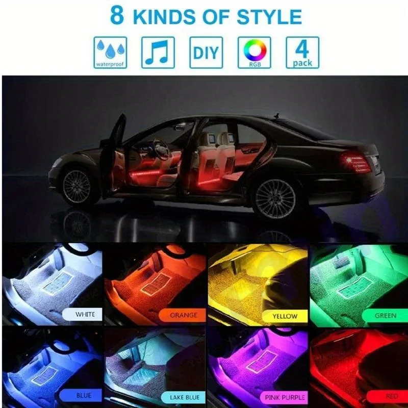 자동차 인테리어 앰비언트 풋 라이트, USB 무선 원격 음악 앱 제어, 자동 RGB 분위기 장식 램프, 36 48 LED, 4 개