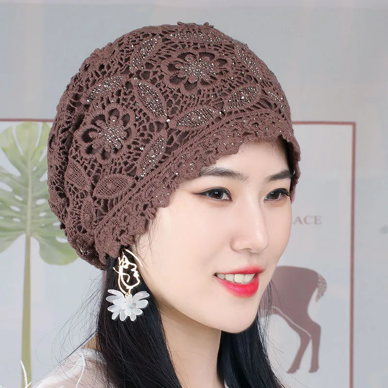 

Knitted Ladies Head Scarf Hat Summer Breathable Thin Hollow Toe Cap Sexy Gentle Temperament Fashion All-match White Hair Caps