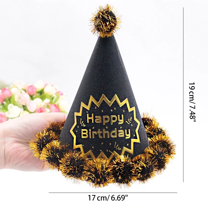 Birthday Cone Hats Party Cone Hats Pompoms Party Birthday Hat with Pom Poms Elastic Cord