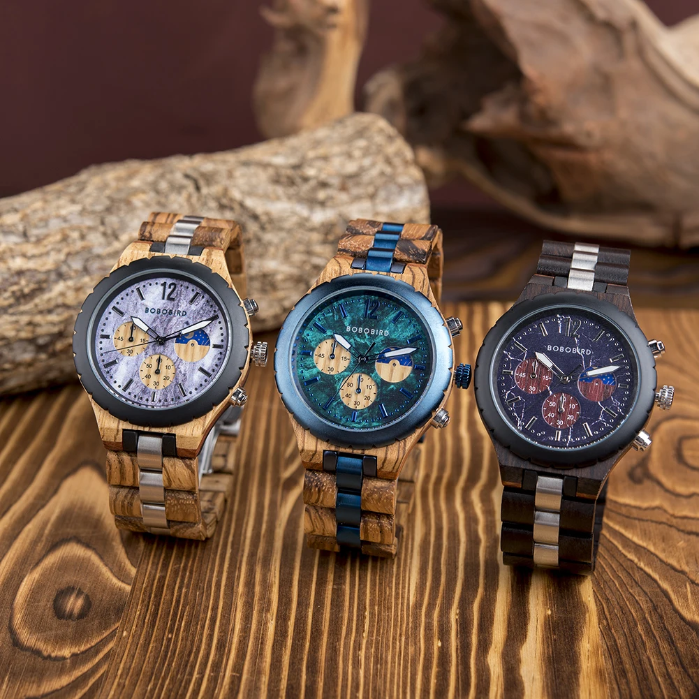 BOBO BIRD Wooden Mens Watches Chronograph Timepieces Luxury Quartz Wrist Watch For Men relogios masculino Custom Dropshipping