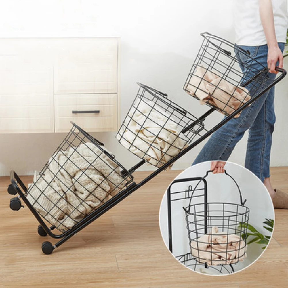 3-Tier Iron Rolling Laundry Basket with Wheels