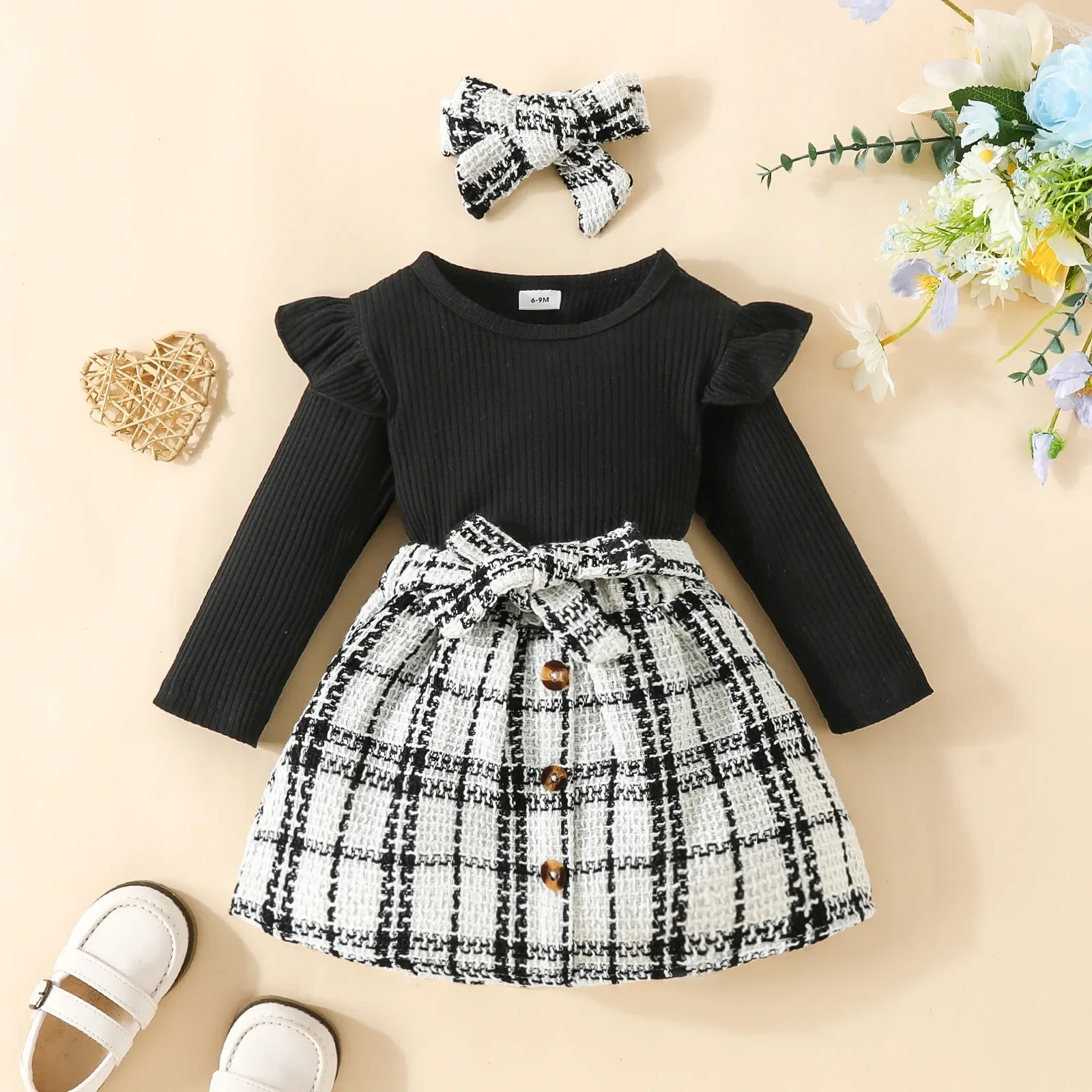 

Fall Winter Girls Ruffle Clothing Children's Knitted Dress Bowknot Decoration Holiday Party Outfit Toddler Girl Clothes 3M-3Y