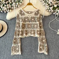 Daisy Crochet Knit Sweater Long Sleeve Sheer Open-knit Crop Knit Top Pullover for Women Teen-girl Fall Winter Boho Beach Outfit - Image 4