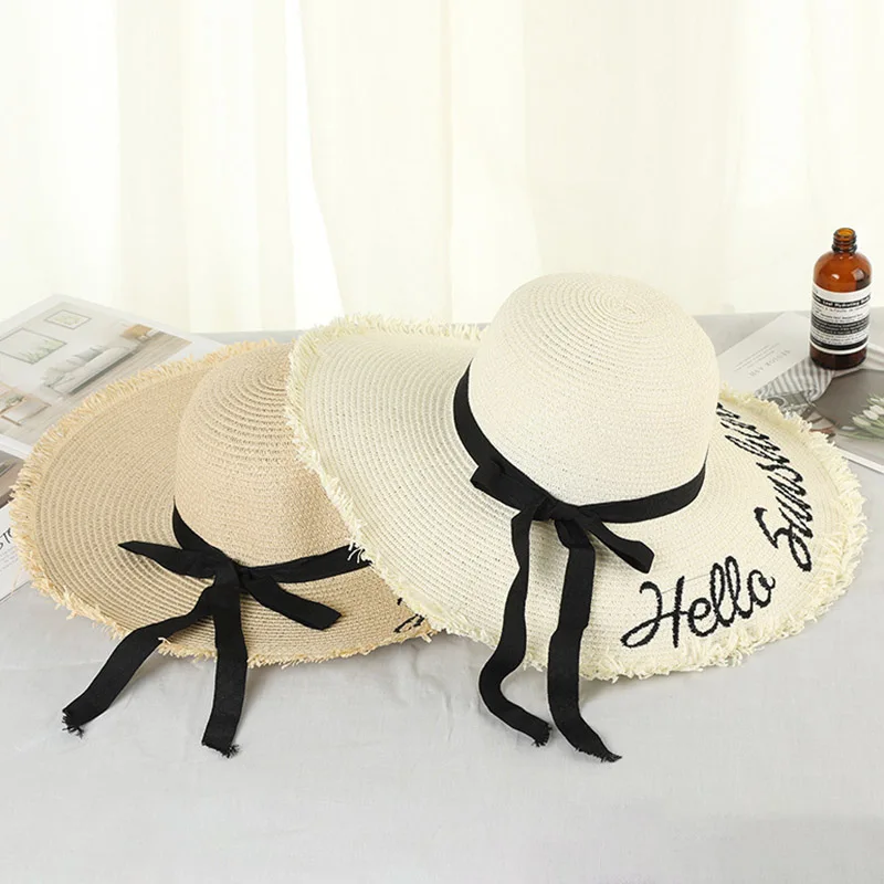 Weave Sun Hats Straw Hat Black Ribbon Tie Up Caps for Women Summer Beach Outdoor Women Summer Beach Outdoor Hats Caps