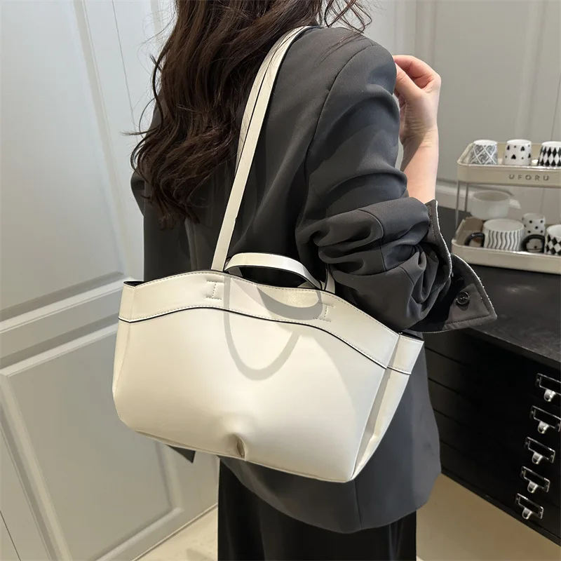 Solid Color Soft Leather Handbag Women Single Shoulder Tote Bag, Large Capacity Commuting Set Handbags Shopping Cross Body Bags