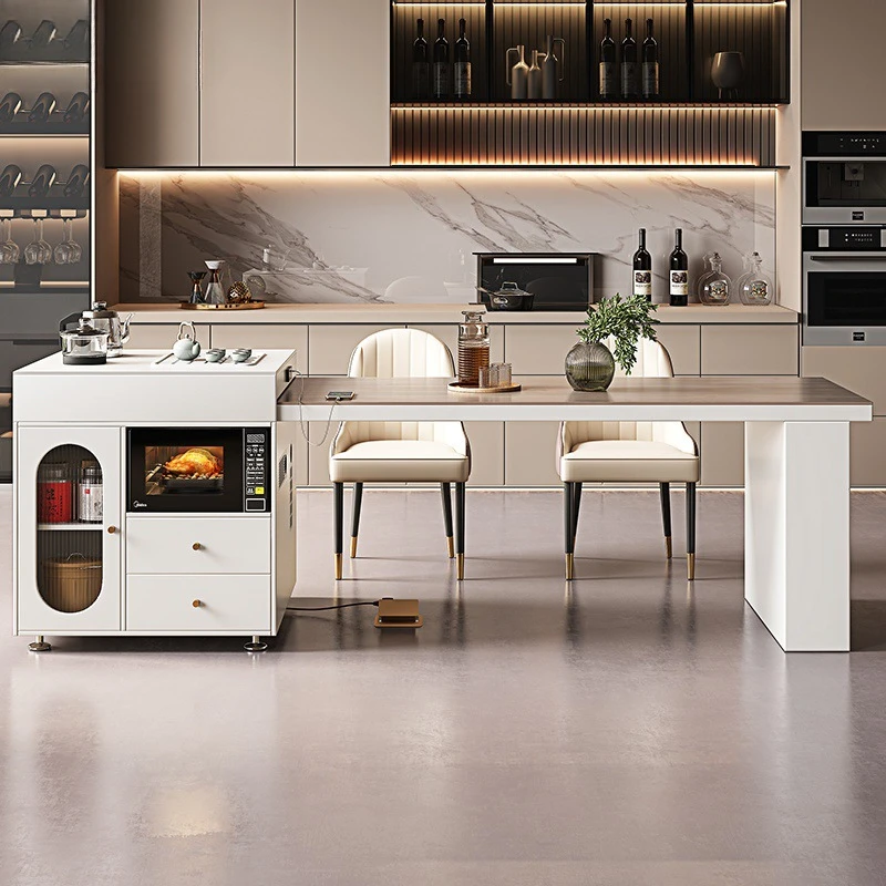 Light luxury island table integrated new solid wood grain rock slab retractable household kitchen guide table combination
