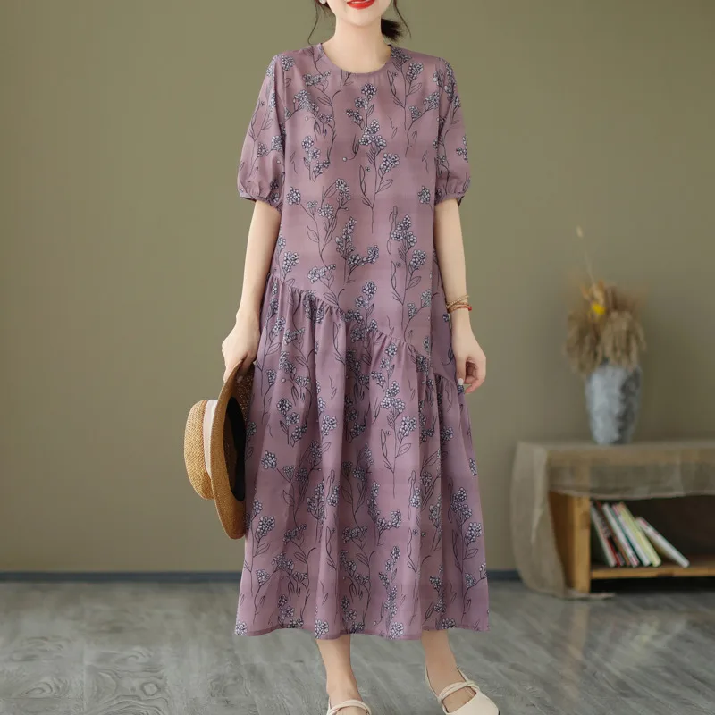 

#6605 Summer Puff Sleeve A-line Dress Floral Printed Midi Dress Puff Sleeve Loose Retro Cotton Linen Asymmetrical Dress Pocket