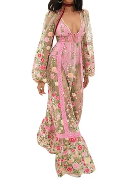 Women's Summer Long Beach Dress Long Sleeve V Neck Backless Floral Bikini Cover Up 3