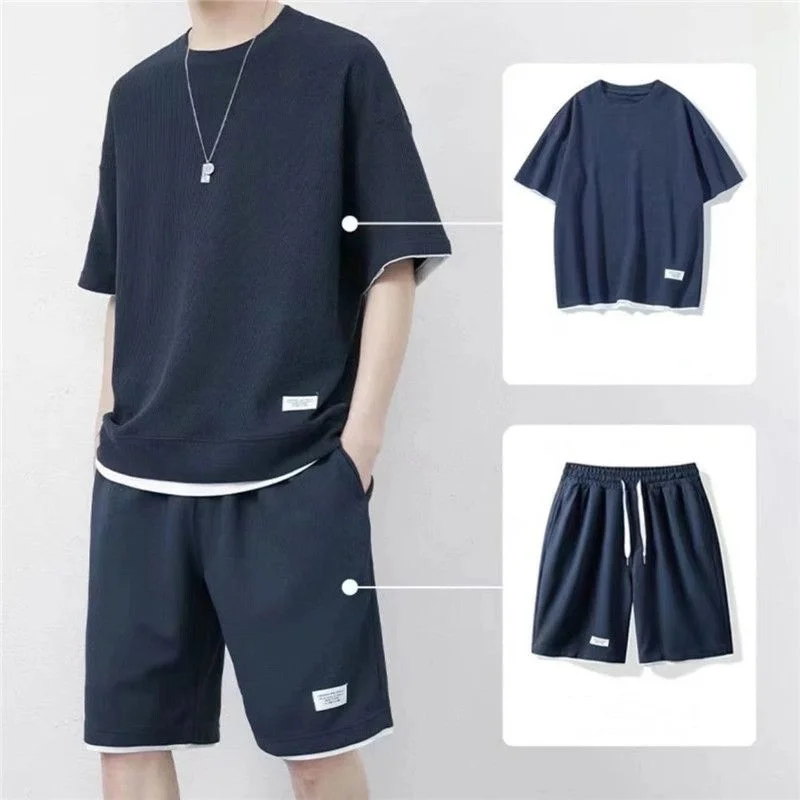 Summer Fashion Casual New Ice Silk Shorts Set Men Panelled Round Neck Short Sleeved T-shirt Elastic Waist Drawstring Pocket Set