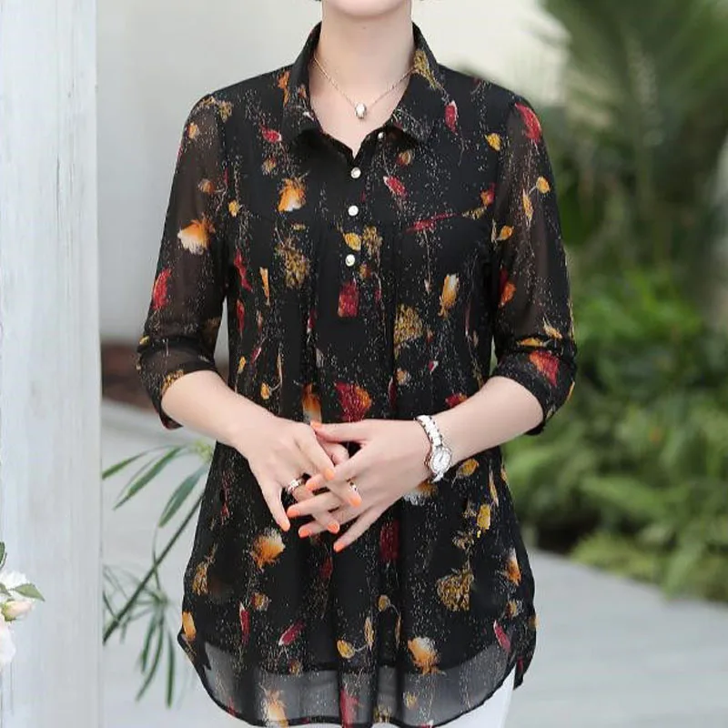 

Summer Vintage Polo-Neck Casual Printed T-shirt Women's Clothing Fashion All-match Midi Three Quarter Sleeve Female Chiffon Tops