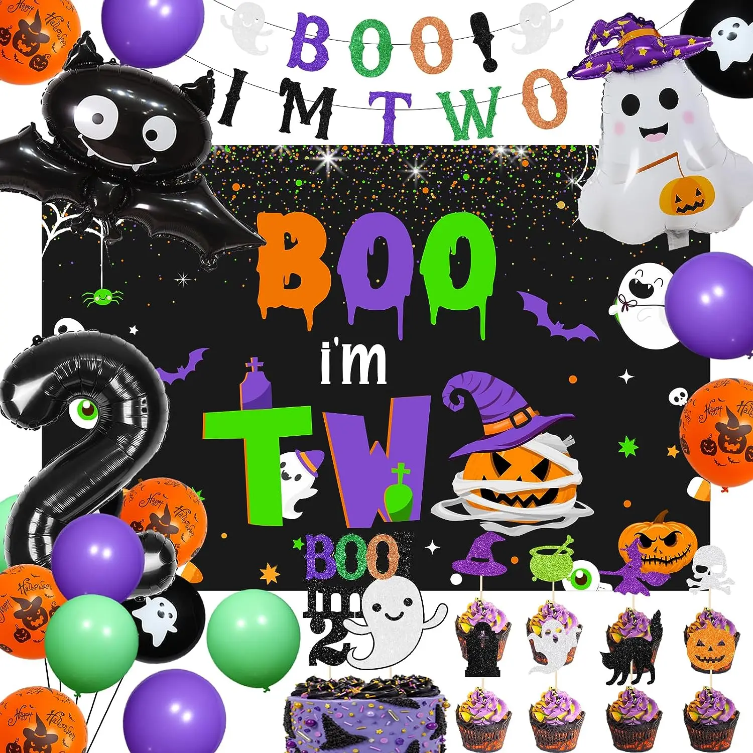 

Halloween 2nd Birthday Party Decorations Boo Im Two Backdrop Black Orange Purple Green Halloween Balloons for 2 Year Old Boys