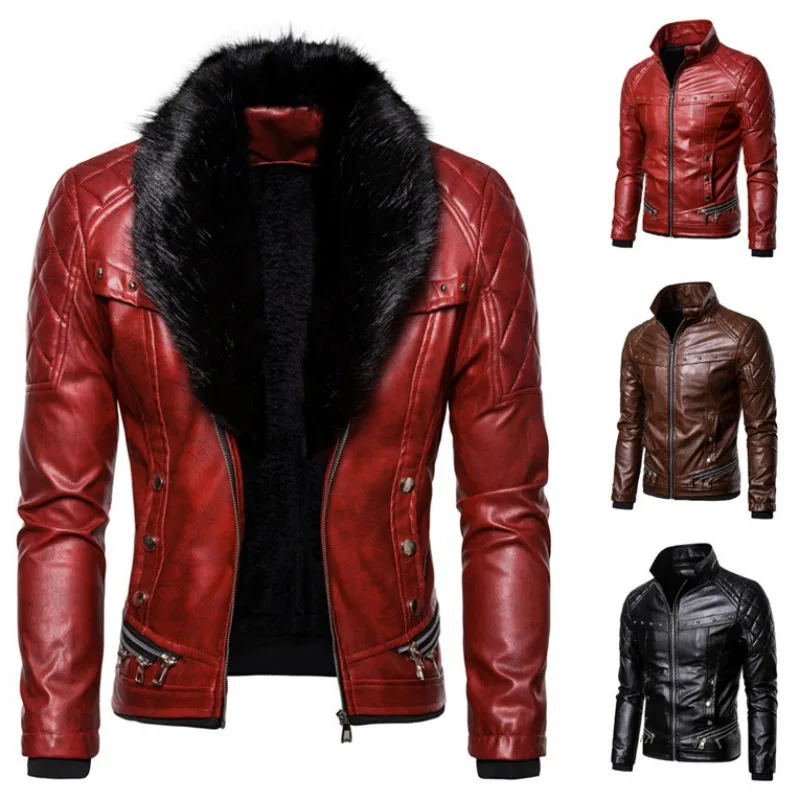 2023 New Men Punk Detachable Fur Collar Coat Rivet Compressed Cotton Thick Windproof Locomotive Style Leather Jacket Coat Male