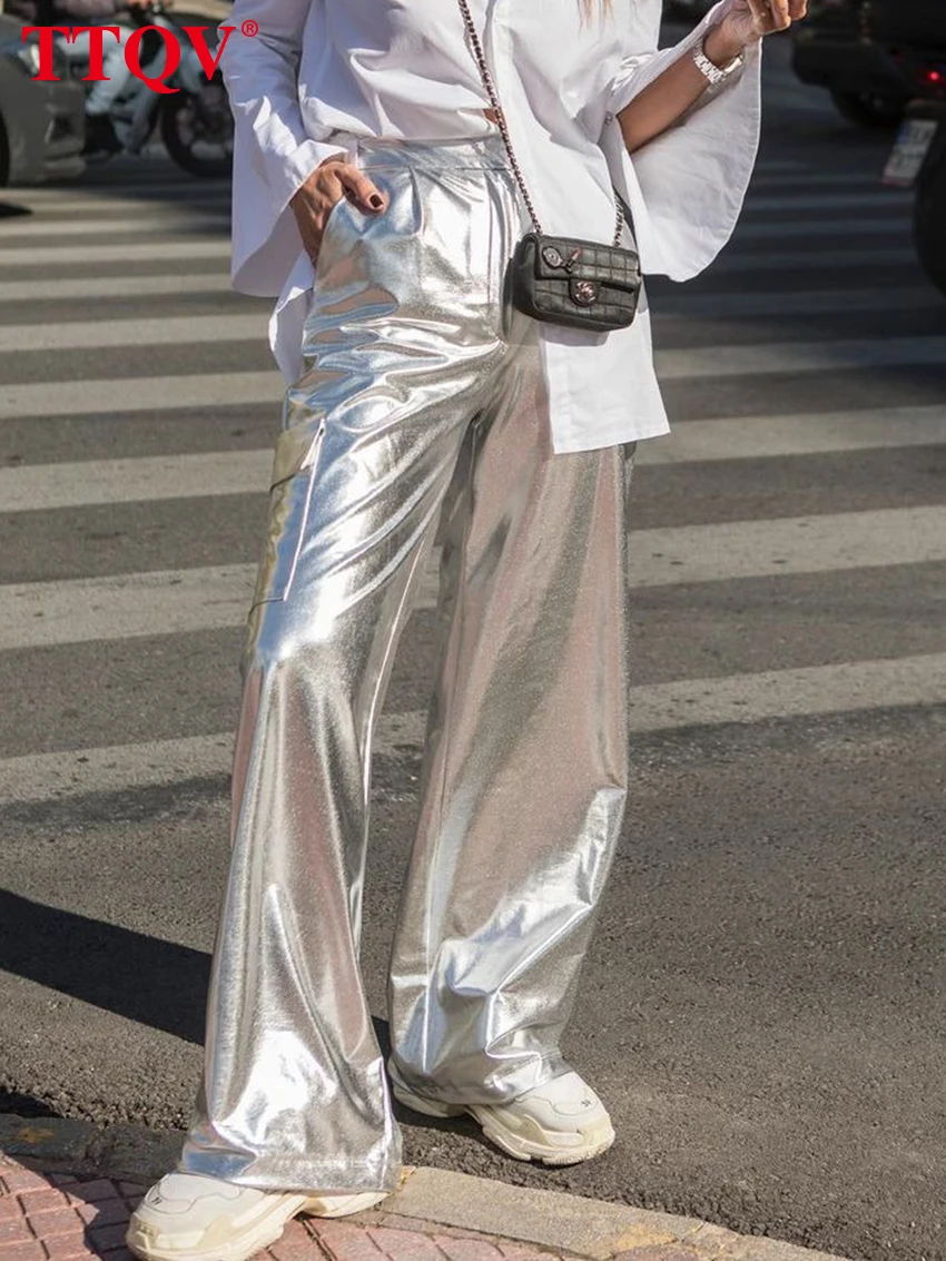 

TTQV Casual Loose Silver Women Pants 2023 Fashion High Waisted Full Length Pants Elegant Simple Solid Trousers Female Clothing