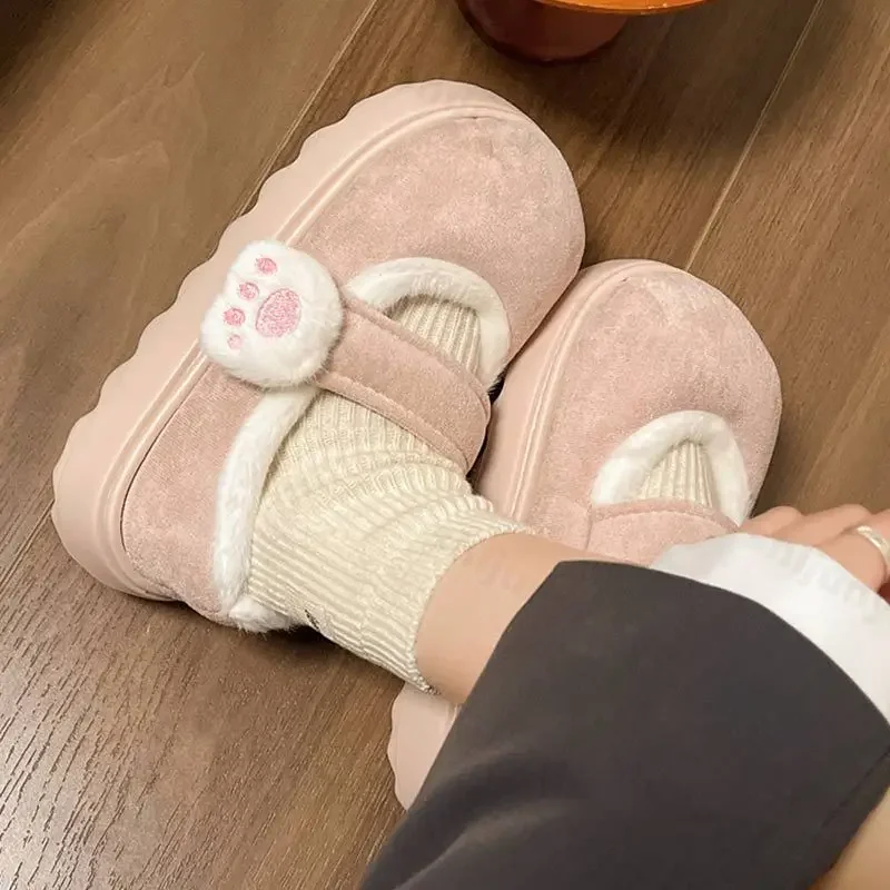 Cute Cat Paw Cotton Snow Boots Shoes for Women New 2025 Winter Velvet Thick Sole Outdoor Shoes Warm Round Toe Lazy Casual Shoes 2