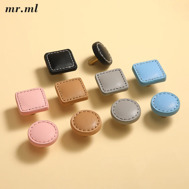 มือจับลิ้นชัก 1 ชิ้น มือจับประตูตู้ หุ้มหนัง มือจับประตูทองเหลือง ทรงกลม สีชมพู น่ารัก สำหรับตู้ 1