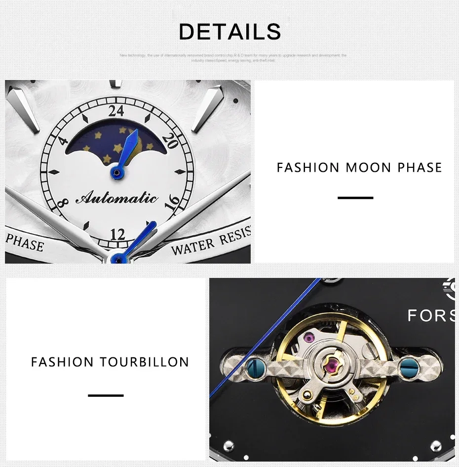 FORSINING Business Herren Automatikuhr Uhr Mondphase Tourbillon Wasserdicht Mechanische Stahlband Armbanduhr Relogio_voghion.com