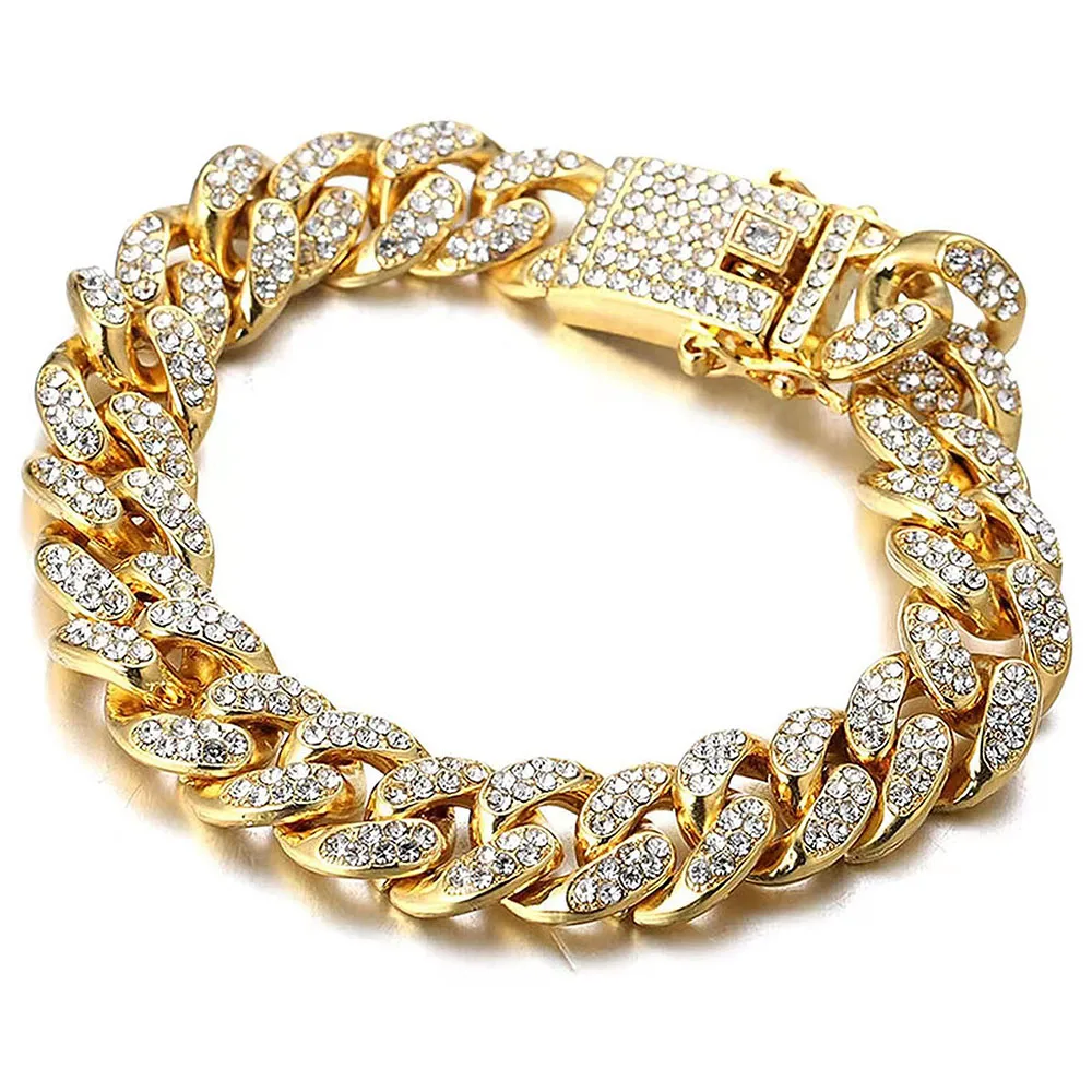 Full Iced Out Watch Mens Cuban Link Chain Bracelet Bling Jewelry Set 2pcs for Men Big Gold Chains Hip Hop Men Watch Set with Box