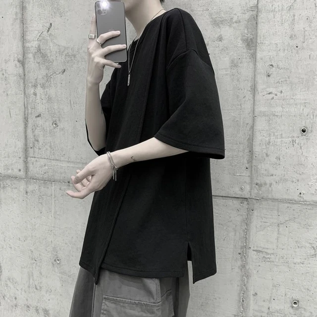 New Fashion Asymmetrical Men Long T shirt Side Zipper O Neck Short