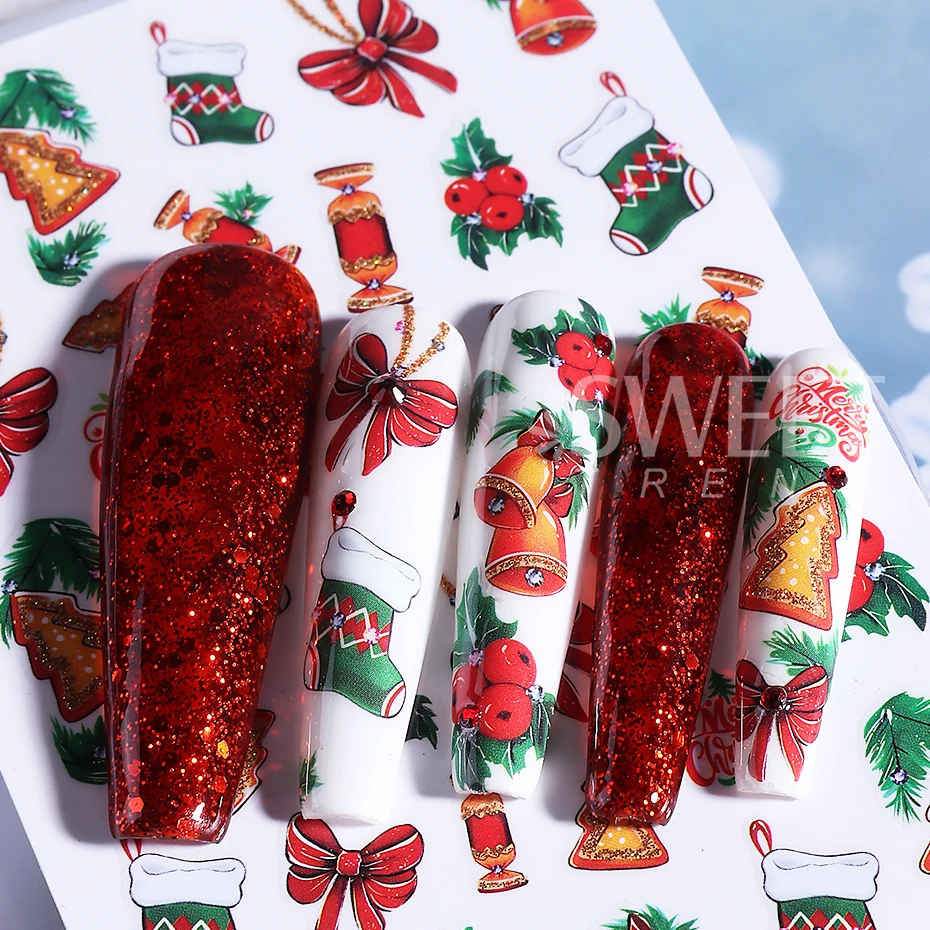 3pcs Cartoon Christmas Nail Stickers Glitter Gold Snowflake Reindeer Bell Snowman Bow Nail Slider Decals DIY Manicure Decoration