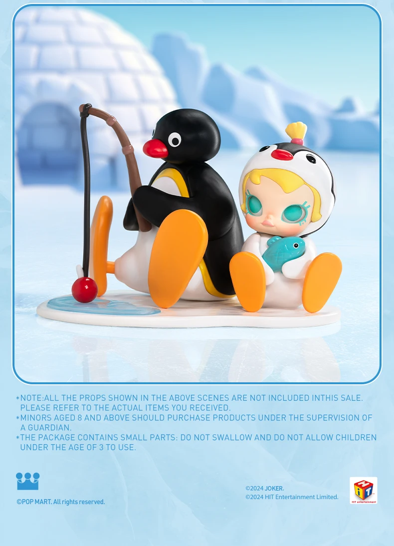 Original Pop Mart figure of Baby Molly and PINGU sitting together ice fishing – collectible toy with playful winter scene