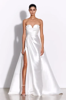 Satin Off shoulder Bride Wedding Dress White High Slit Ball Gown Sweetheart Sleeveless Ivory White Garden Beach Wedding 1